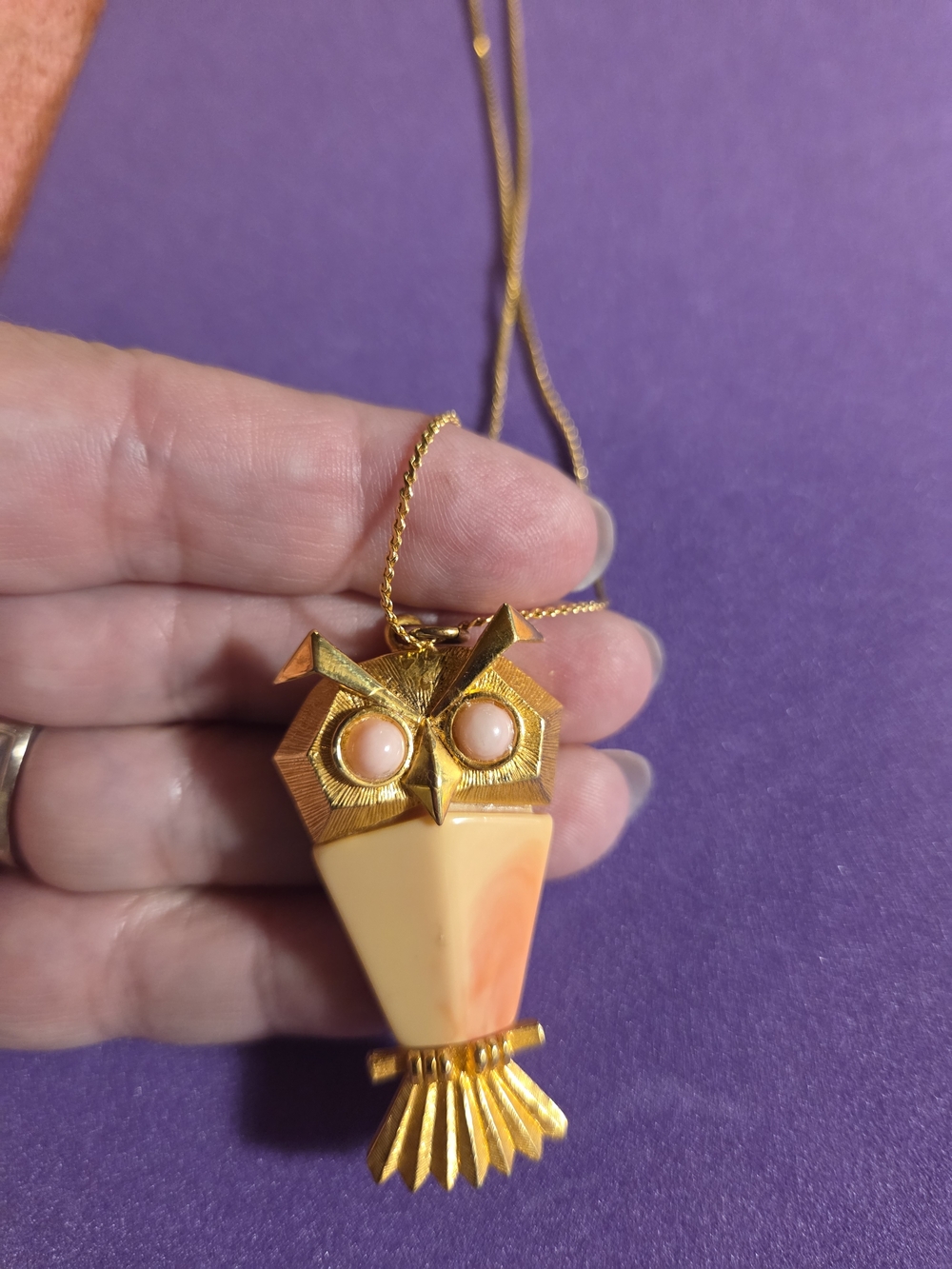 Vintage Gold-Tone Owl Pendant Necklace in Cream and Pink